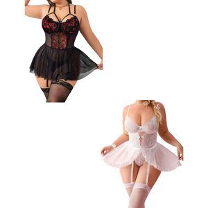 4065 Sexy Plus Size Lingerie with Garter Belt,Teddy 5 pieces Strappy